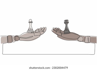 Single continuous line drawing robots hands with pawn and rook chess pieces. Modern robotics artificial intelligence technology. Electronic technology industry. One line draw graphic design vector