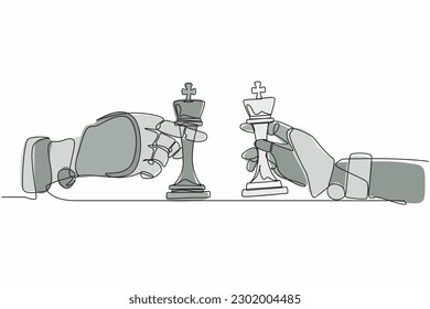 Single continuous line drawing robots hands holding king chess piece and the other hand too. Robotics artificial intelligence. Electronic technology industry. One line draw design vector illustration