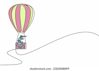 Single continuous line drawing robots with monocular, ride hot air balloon briefcase. Modern robotics artificial intelligence technology. Electronic technology industry. One line graphic design vector