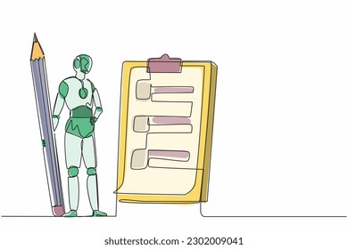 Single continuous line drawing robots holding big pencil and looking clipboard. Modern robotics artificial intelligence technology. Electronic technology industry. One line draw graphic design vector