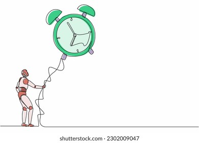 Single continuous line drawing robots holding flying big alarm clock balloon with rope. Humanoid robot cybernetic organism. Future robotics concept. One line draw graphic design vector illustration