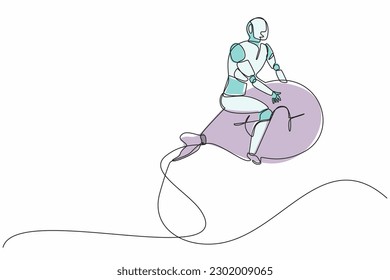 Single continuous line drawing robots riding big money bag rockets. Modern robotics artificial intelligence technology. Electronic technology industry. One line draw graphic design vector illustration