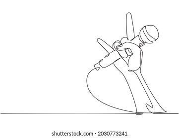 Single continuous line drawing rock hand gesture holding microphone with live rock caption. Rock and roll music live concert or party poster or flyer concept. One line draw graphic design vector