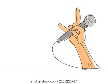 Single continuous line drawing rock hand gesture holding microphone with live rock caption. Rock and roll music live concert or party poster or flyer concept. One line draw graphic design vector