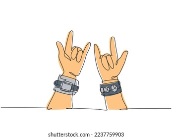 Single continuous line drawing of rocker showing hand gesture of rock music. Modern musician artist performance concept one line draw graphic design vector illustration