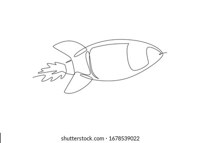 Single continuous line drawing rocket launch fly into the sky universe. Vintage spacecraft rocketship. Simple retro outer space vehicle concept. Trendy one line draw design graphic vector illustration