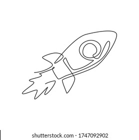 Single continuous line drawing of rocket launch flying in outer space logo label. Future transportation company icon label concept. Modern one line draw graphic design vector illustration