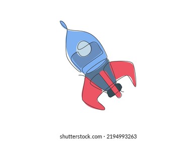 Single Continuous Line Drawing Rocket Launch Fly Into The Sky Universe. Vintage Spacecraft Rocketship. Simple Retro Outer Space Vehicle Concept. Trendy One Line Draw Graphic Design Vector Illustration