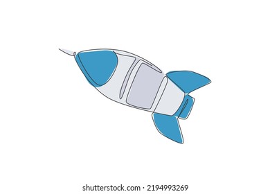 Single Continuous Line Drawing Rocket Launch Fly Into The Sky Universe. Vintage Spacecraft Rocketship. Simple Retro Outer Space Vehicle Concept. Trendy One Line Draw Design Vector Illustration Graphic