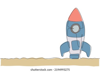 Single Continuous Line Drawing Rocket Launch Fly Into The Sky Universe. Vintage Spacecraft Rocketship. Simple Retro Outer Space Vehicle Concept. Trendy One Line Draw Design Vector Graphic Illustration