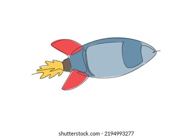 Single Continuous Line Drawing Rocket Launch Fly Into The Sky Universe. Vintage Spacecraft Rocketship. Simple Retro Outer Space Vehicle Concept. Trendy One Line Draw Design Graphic Vector Illustration