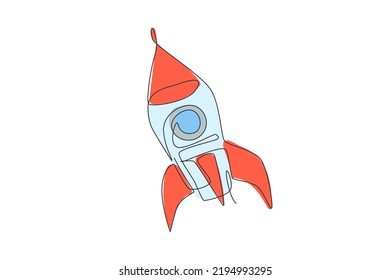 Single continuous line drawing rocket launch fly into the sky universe. Vintage spacecraft rocketship. Simple retro outer space vehicle concept. Trendy one line draw design graphic vector illustration