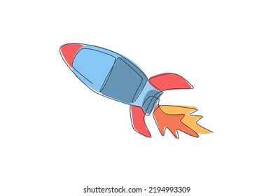 Single Continuous Line Drawing Rocket Launch Fly Into The Sky Universe. Vintage Spacecraft Rocketship. Simple Retro Outer Space Vehicle Concept. Trendy One Line Draw Design Graphic Vector Illustration