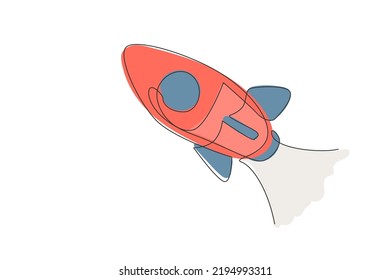 Single Continuous Line Drawing Rocket Launch Fly Into The Sky Universe. Vintage Spacecraft Rocketship. Simple Retro Outer Space Vehicle Concept. Trendy One Line Draw Design Vector Illustration Graphic