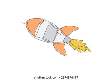 Single Continuous Line Drawing Rocket Launch Fly Into The Sky Universe. Vintage Spacecraft Rocketship. Simple Retro Outer Space Vehicle Concept. Trendy One Line Draw Graphic Design Vector Illustration