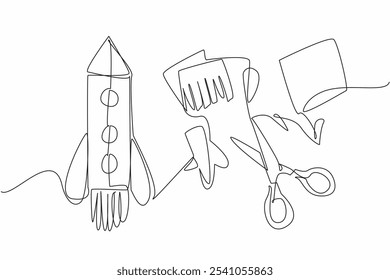 Single continuous line drawing rocket made from paper creations. Creation to commemorate the first astronaut on the lunar surface. Invention. Cosmonautics Day. One line design vector illustration