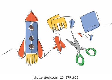 Single continuous line drawing rocket made from paper creations. Creation to commemorate the first astronaut on the lunar surface. Invention. Cosmonautics Day. One line design vector illustration