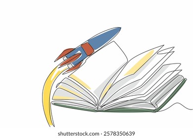 Single continuous line drawing a rocket flying in the middle of an open thick book. Knowledge about the universe and its contents. Science. National Space Day. One line design vector illustration