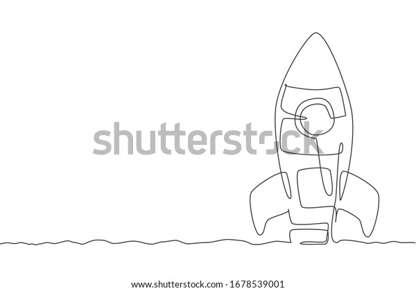 Single continuous line drawing rocket launch
fly into the sky universe. Vintage spacecraft rocketship. Simple
retro outer space vehicle concept. Trendy one line draw design
vector graphic
illustration