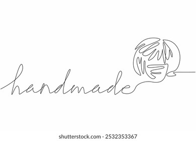 Single continuous line drawing a roll of thread that forms the word handmade. Handicrafts that will become warm winter clothes. Creation. National Handmade Day. One line design vector illustration