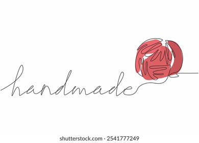 Single continuous line drawing a roll of thread that forms the word handmade. Handicrafts that will become warm winter clothes. Creation. National Handmade Day. One line design vector illustration