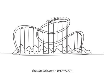 Single continuous line drawing of a roller coaster in amusement park with a track high into the sky. The passenger screamed while moving at high speed. One line draw graphic design vector illustration