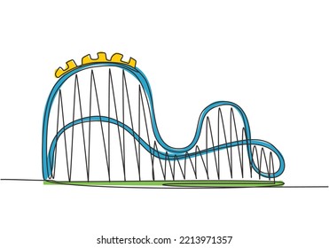 Single continuous line drawing of a roller coaster in an amusement park with a track high into the sky. Funfair festival play in outdoor concept. One line draw graphic design vector illustration.