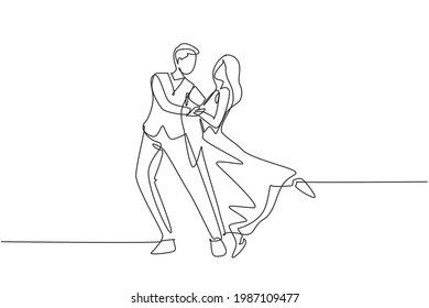 Single continuous line drawing romantic man and woman professional dancer couple dancing tango, waltz dances on dancing contest dancefloor. Dynamic one line draw graphic design vector illustration
