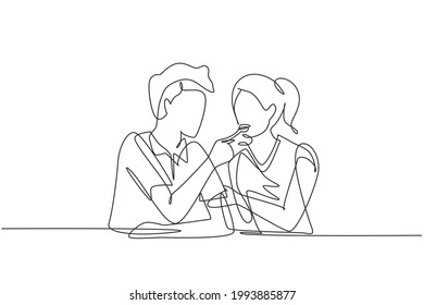 Single continuous line drawing romantic man feeds his wife. Happy young couple having dinner together at restaurant. Celebrate wedding anniversaries. One line draw graphic design vector illustration