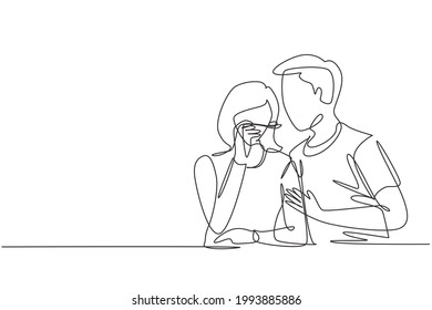 Single continuous line drawing romantic female feeds her husband. Happy couple having dinner together at restaurant. Celebrate wedding anniversaries. One line draw graphic design vector illustration