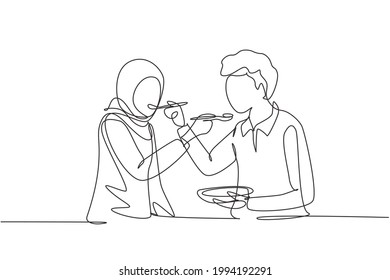 Single continuous line drawing romantic Arabic couple feeding each other. Having fun dinner together at restaurant. Celebrate wedding anniversaries. One line draw graphic design vector illustration