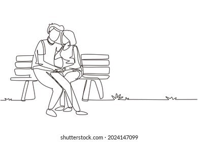 Single continuous line drawing romantic couple. Woman man sitting on bench in city park. Happy family concept. Intimacy celebrates wedding anniversary. One line draw graphic design vector illustration