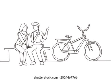 Single Continuous Line Drawing Romantic Couple Chatting While Sitting On Bench. Romantic Teenage Couple Ride Bike. Young Man And Woman In Love. Dynamic One Line Draw Graphic Design Vector Illustration