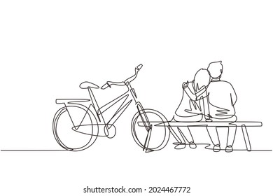 Single continuous line drawing romantic couple chatting while sitting on bench. Happy man woman riding an electric bike. Evening walk by the river. One line draw graphic design vector illustration