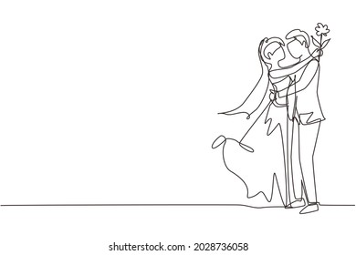 Single continuous line drawing romantic boy giving rose flower to girl wearing wedding dress. Happy couple getting ready for wedding. Engagement and love relation. One line draw graphic design vector