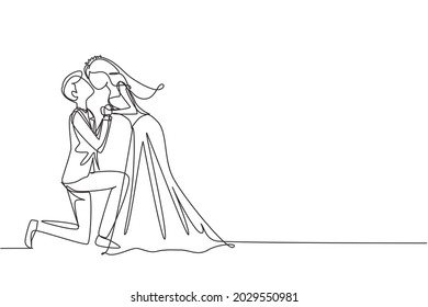 Single continuous line drawing romantic male kneel and kissing female in wedding celebration party. Happy married couple lovers kissing, holding hands with wedding dress. One line draw graphic design