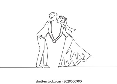 Single continuous line drawing romantic married couple with lips locked in kiss. Happy man woman lovers kissing and holding hands with wedding dress. One line draw graphic design vector illustration