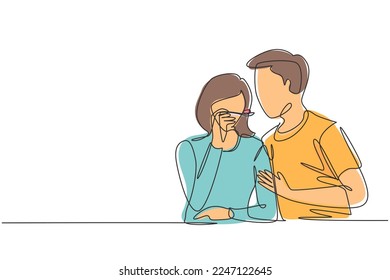 Single continuous line drawing romantic female feeds her husband. Happy couple having dinner together at restaurant. Celebrate wedding anniversaries. One line draw graphic design vector illustration