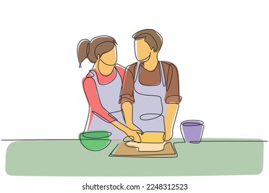 Single continuous line drawing romantic couple looking at each other while rolling soft dough during pastry preparation in cozy kitchen at home. Dynamic one line graphic design vector illustration
