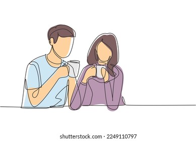 Dibujo de línea continua único 
pareja romántica sentada disfrutando de una taza de café para disfrutar de la mañana. Feliz concepto de vida familiar y exitoso. ilustración vectorial de diseño gráfico de una línea dinámica