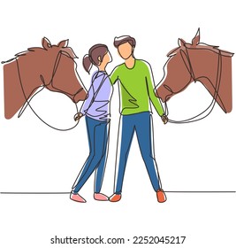 Single continuous line drawing romantic couple with horses. Young man and woman meet for dating with ride horse. Engagement and love relation. Dynamic one line draw graphic design vector illustration