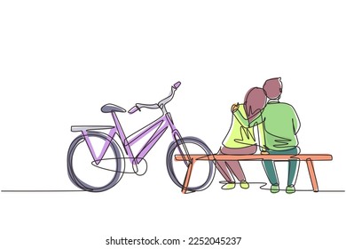 Single continuous line drawing romantic couple chatting while sitting on bench. Happy man woman riding an electric bike. Evening walk by the river. One line draw graphic design vector illustration