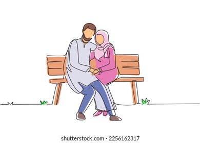Single continuous line drawing romantic Arab couple. Woman man sitting on bench in city park. Happy family concept. Intimacy celebrates wedding anniversary. Dynamic one line draw graphic design vector