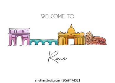 Dibujo de una línea continua de la ciudad de Roma, Italia. Famoso paisaje de rascacielos romaní. Decoración de la pared del mundo de viajes casa póster concepto de arte impreso. Ilustración vectorial de diseño de dibujo de una línea moderna