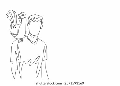 Single continuous line drawing rooster perched on shoulder of man in casual clothes. The proud chicken that always praised. International Respect for Chickens Day. One line design vector illustration