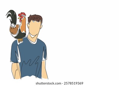 Single continuous line drawing rooster perched on shoulder of man in casual clothes. The proud chicken that always praised. International Respect for Chickens Day. One line design vector illustration