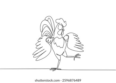 Single continuous line drawing rooster dancing pose. Moving the feet agilely. Following the rhythm of the music. Unique character. Comb. Dance Like a Chicken Day. One line design vector illustration