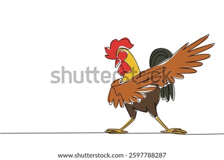 Single continuous line drawing rooster dancing pose. The chicken who is very good at dancing. With dab style phenomenon. Freedom. Active. Dance Like a Chicken Day. One line design vector illustration