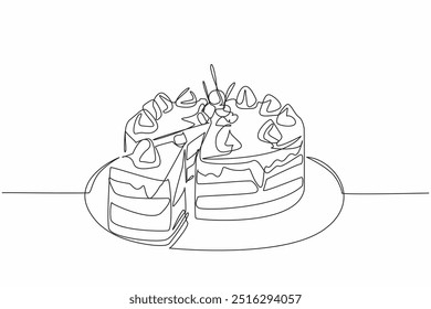 Single continuous line drawing round chocolate cake with cream and cherry topping and pieces of cake. Cut to serve. Dessert. Tasty. National Chocolate Cake Day. One line design vector illustration