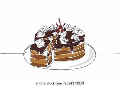 Single continuous line drawing round chocolate cake with cream and cherry topping and pieces of cake. Cut to serve. Dessert. Tasty. National Chocolate Cake Day. One line design vector illustration